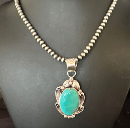 Navajo Pearls Blue Turquoise Necklace Pendant | Sterling Silver | Authentic Native American Handmade | 14878