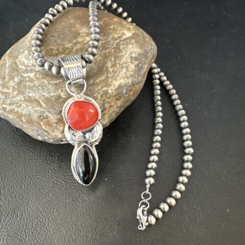 Navajo White Buffalo Coral Onyx Pearls Cluster Pendant | Sterling Silver | Native American Handmade | 15448