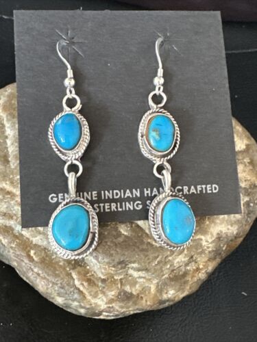 Kingman Turquoise Dangle Earrings | Navajo Handmade | Sterling Silver | Authentic Native American | 14864