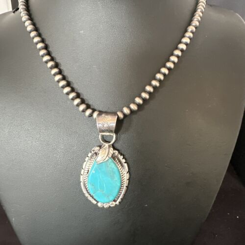 Men's Blue Kingman Turquoise Pendant Necklace | Navajo Pearls | Sterling Silver | 16019
