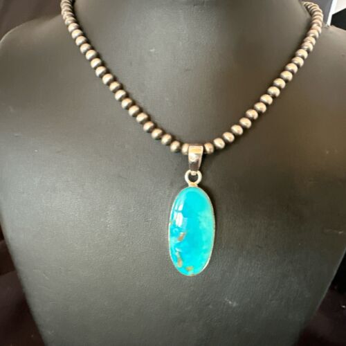 Navajo Blue Kingman Turquoise Pendant Necklace | Sterling Silver | 20" | Authentic Native American Handmade | 16992