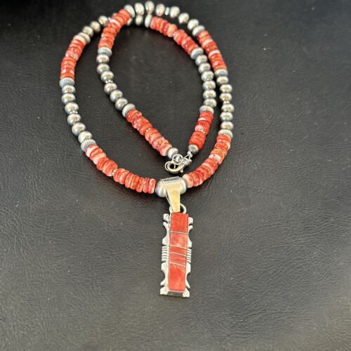 Navajo Red Spiny Oyster Pendant Necklace | Sterling Silver Inlay | Authentic Native American Handmade | 16853
