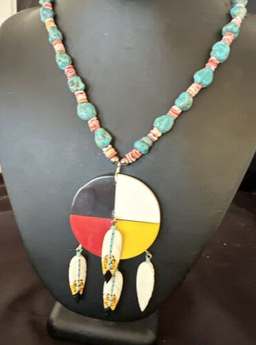 Santo Domingo Multicolor Spiny Inlay Feather Pendant Necklace | Sterling Silver | 24" | 16856
