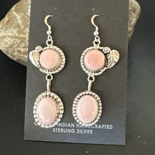 Navajo Pink Conch Shell Dangle Earrings | Sterling Silver | Authentic Native American Handmade | 17192