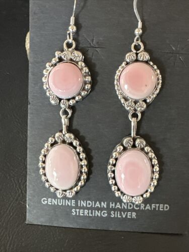 Navajo Pink Conch Shell Dangle Earrings | Sterling Silver | Authentic Native American Handmade | 17199