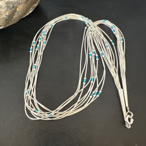 Navajo Blue Turquoise Heishi Necklace | 10 Strand Liquid Sterling Silver | 20" | 15887