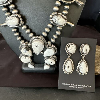 Navajo White Buffalo Turquoise Pendant Earrings | Sterling Silver Squash Blossom Necklace | 17443