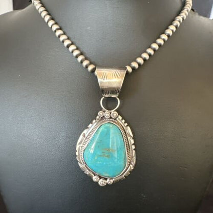Navajo Pearls Kingman Turquoise Necklace | Sterling Silver | Authentic Native American Handmade | 17131