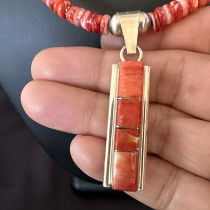 Navajo Red Spiny Oyster Pendant Necklace | Sterling Silver Inlay | Authentic Native American Handmade | 16883