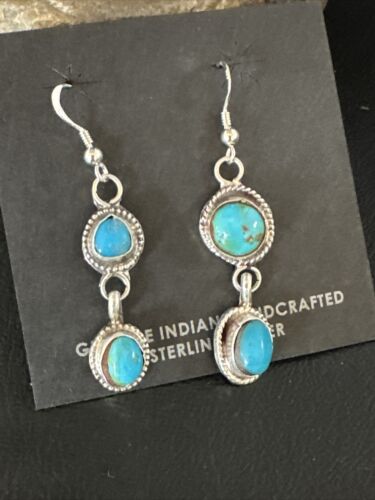 Kingman Turquoise Dangle Earrings | Navajo Sterling Silver | Authentic Native American Handmade | 14871