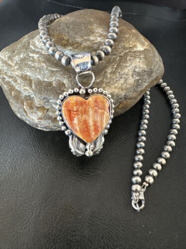 Navajo Orange Spiny Oyster Heart Pendant Necklace | Sterling Silver | Authentic Native American Handmade | 16421