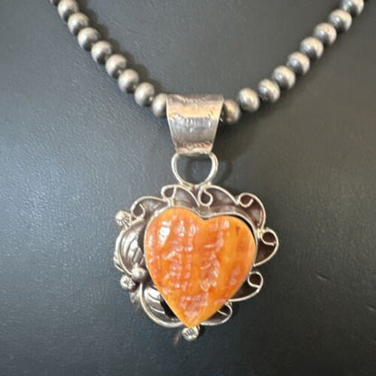 Navajo Orange Spiny Oyster Heart Pendant Necklace | Sterling Silver | Authentic Native American Handmade | 16552