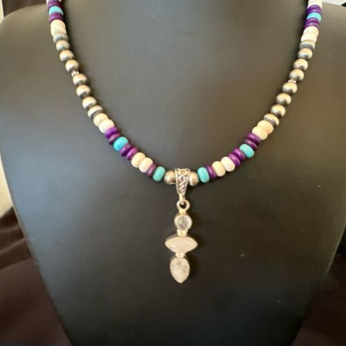 Navajo White Mother of Pearl, Turquoise, Sugilite Pendant Necklace | Sterling Silver | 16851