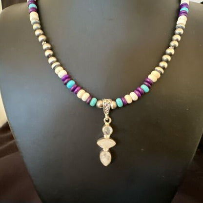 Navajo White Mother of Pearl, Turquoise, Sugilite Pendant Necklace | Sterling Silver | 16851