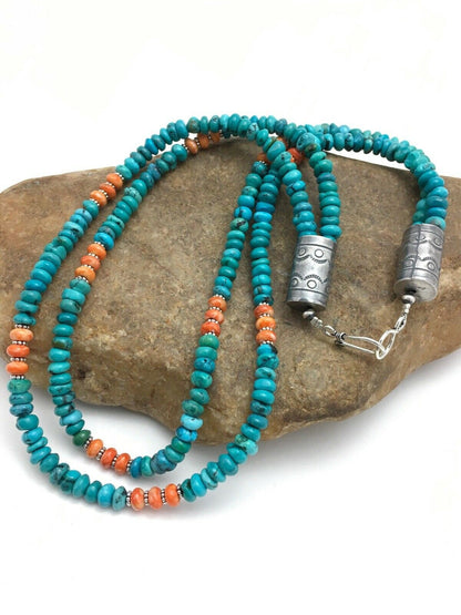 Native American Sterling Silver Blue Turquoise Spiny Pendant Necklace | 3091