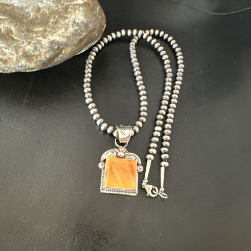 Navajo Orange Spiny Oyster Pendant Necklace | Sterling Silver | 20" | Authentic Native American Handmade | 16141