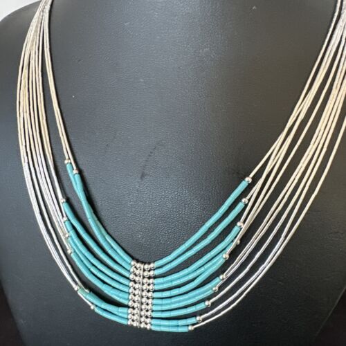 Navajo Blue Turquoise 10-Strand Heishi Necklace | Sterling Liquid Silver Tubes | 22" | 16448