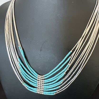 Navajo Blue Turquoise 10-Strand Heishi Necklace | Sterling Liquid Silver Tubes | 22" | 16448