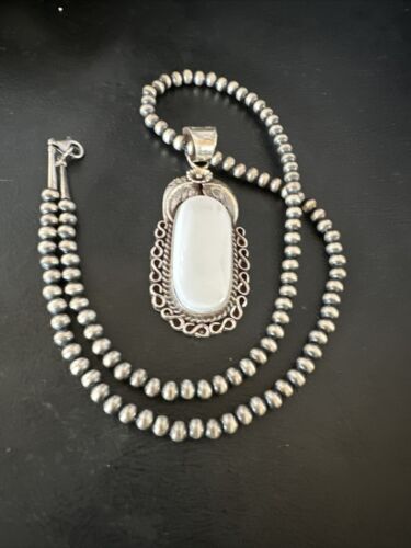 Navajo Pearls White Buffalo Turquoise Necklace Pendant | Sterling Silver | Authentic Native American Handmade | 15707