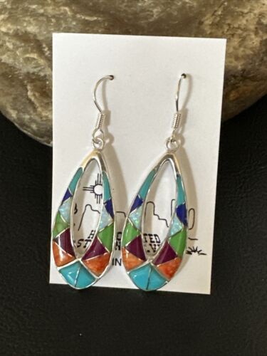 Southwestern Sterling Silver Multi-Color Turquoise Lapis Inlay Earrings | Authentic Native American Handmade | 14938 - Masha USA