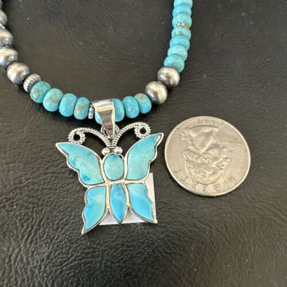 Navajo Butterfly Blue Ridge Turquoise Inlay Pendant Necklace | Sterling Silver | Native American Handmade | 16486