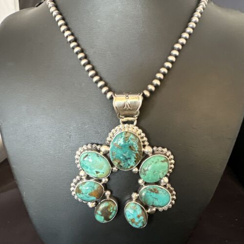 Men's Blue Turquoise Naja Pendant Necklace | Navajo Pearls | Sterling Silver | Native American Handmade | 16108