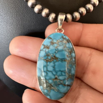 Men's Navajo Blue Spiderweb Turquoise Pendant Necklace | Sterling Silver | Authentic Native American Handmade | 16301