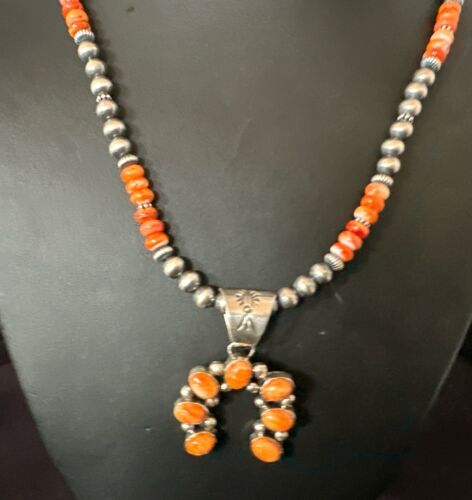 Navajo Pearls Orange Spiny Oyster Naja Pendant | Sterling Silver Necklace | Authentic Native American Handmade | 16804