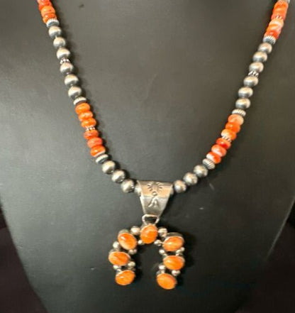 Navajo Pearls Orange Spiny Oyster Naja Pendant | Sterling Silver Necklace | Authentic Native American Handmade | 16804