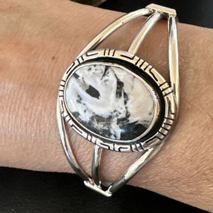 Women's White Buffalo Turquoise Cuff Bracelet | Navajo Sterling Silver | Authentic Native American Handmade | 16249