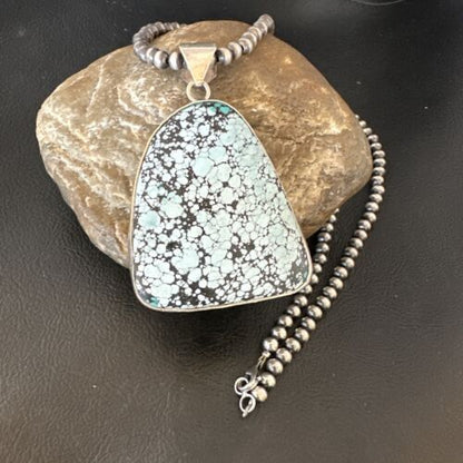 Men's Navajo Blue Spiderweb Turquoise Pendant Necklace | Sterling Silver | Native American Handmade | 16232