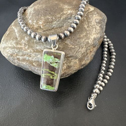 Navajo Green Gaspeite Pendant Necklace | Sterling Silver | Authentic Native American Handmade | 16361