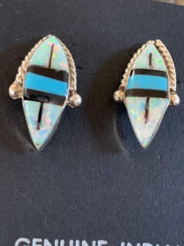 Navajo Turquoise White Opal Onyx Inlay Earrings | Sterling Silver | Authentic Native American Handmade | 13050