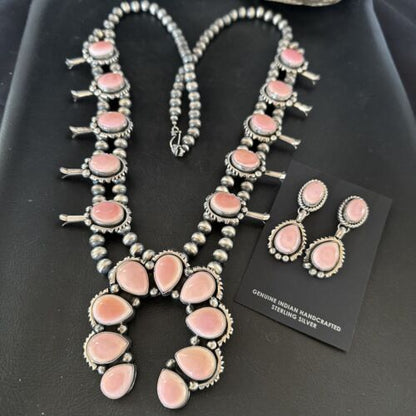 Navajo Pink Conch Squash Blossom Necklace with Naja Pendant | Authentic Native American Handmade | 17441