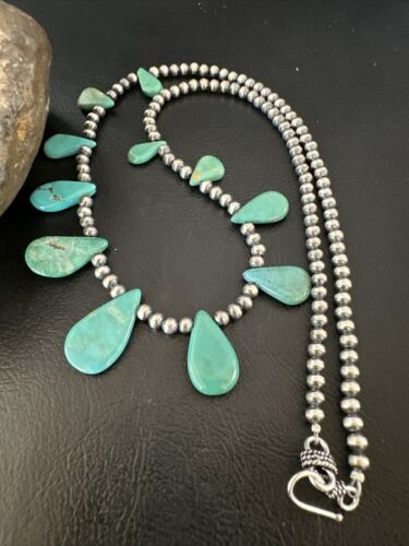Southwestern Navajo Pearls Necklace | Sterling Silver | Green Turquoise Teardrop | 15762