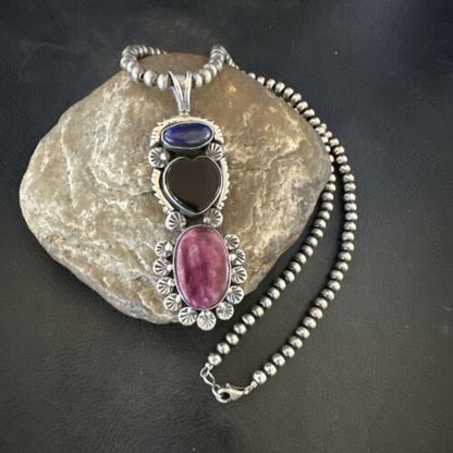 Navajo Black Onyx Purple Spiny 3-Stone Cluster Pendant | Sterling Silver | Authentic Native American Handmade | 17635