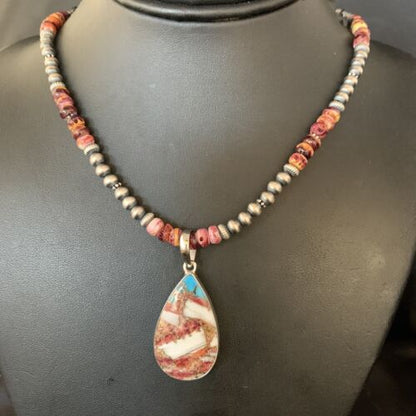 Navajo Pearls Turquoise & Spiny Oyster Pendant Necklace | Sterling Silver | 20" | Authentic Native American Handmade | 13872