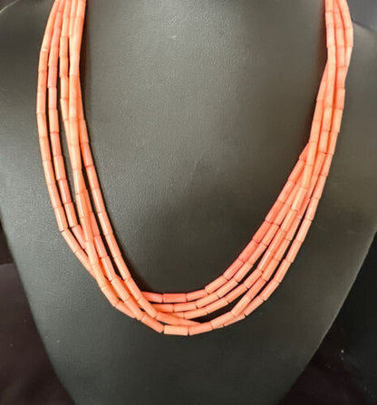 Navajo Pink Coral Tube Heishi Bead Necklace | 5-Strand Sterling Silver | 18" | Authentic Native American Handmade | 15278 - Masha USA