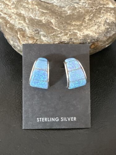 Navajo Blue Opal Inlay Post Earrings | Sterling Silver | Authentic Native American Handmade | 16949