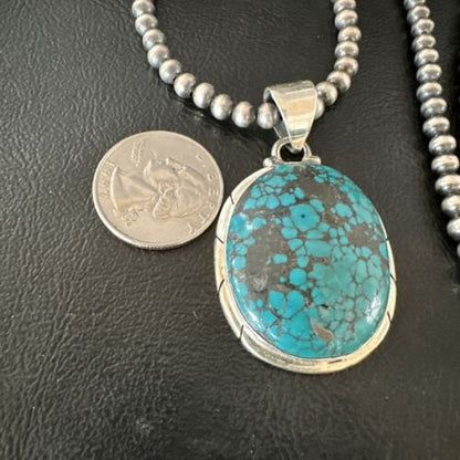 Men's Navajo Blue Spiderweb Turquoise Pendant Necklace | Sterling Silver | Authentic Native American Handmade | 16196