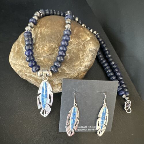 Navajo Opal Feather Multi-Color Lapis Pendant Necklace & Earring Set | Sterling Silver | Authentic Native American Handmade | 15031