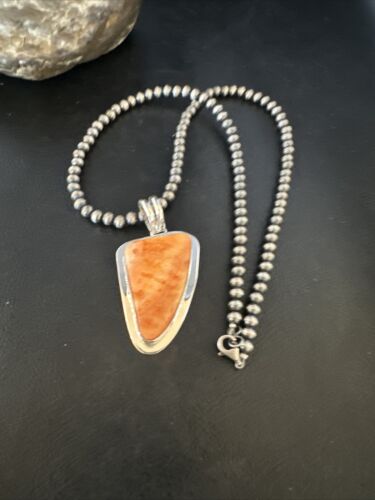 Navajo Pearls Orange Spiny Oyster Necklace Pendant | Sterling Silver | Authentic Native American Handmade | 15003