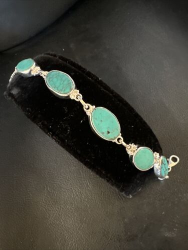 Navajo Blue Turquoise Link Bracelet | Sterling Silver | 8" | Authentic Native American Handmade | 15466