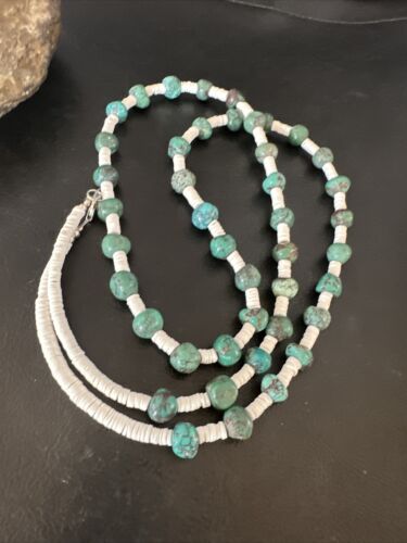 Men's Santo Domingo Blue Turquoise White Shell Necklace | 32" | Round Bead | 16004