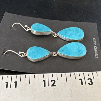 Navajo Blue Kingman Turquoise Dangle Earrings | Sterling Silver | Authentic Native American Handmade | 15122