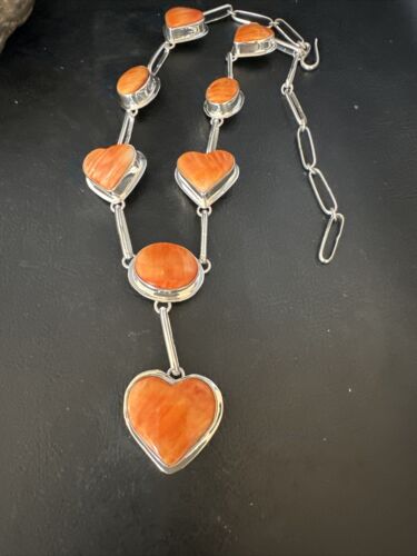 Navajo Lariat Necklace with Orange Spiny Oyster Earrings | Sterling Silver Pendant | 19" | Authentic Native American Handmade | 14955