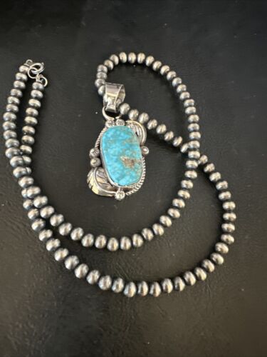 Navajo Kingman Turquoise Pendant Necklace | Sterling Silver | Native American Handmade | 15211