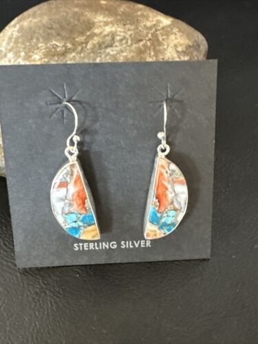 Navajo Blue Turquoise & Orange Spiny Oyster Inlay Dangle Earrings | Sterling Silver | 15584