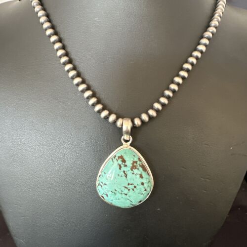 Men's Navajo Blue Spiderweb Turquoise Pendant Necklace | Sterling Silver | Authentic Native American Handmade | 16229