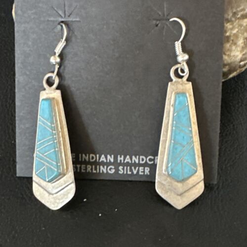 Navajo Blue Turquoise Inlay Earrings | Sterling Silver | Authentic Native American Handmade | 15269